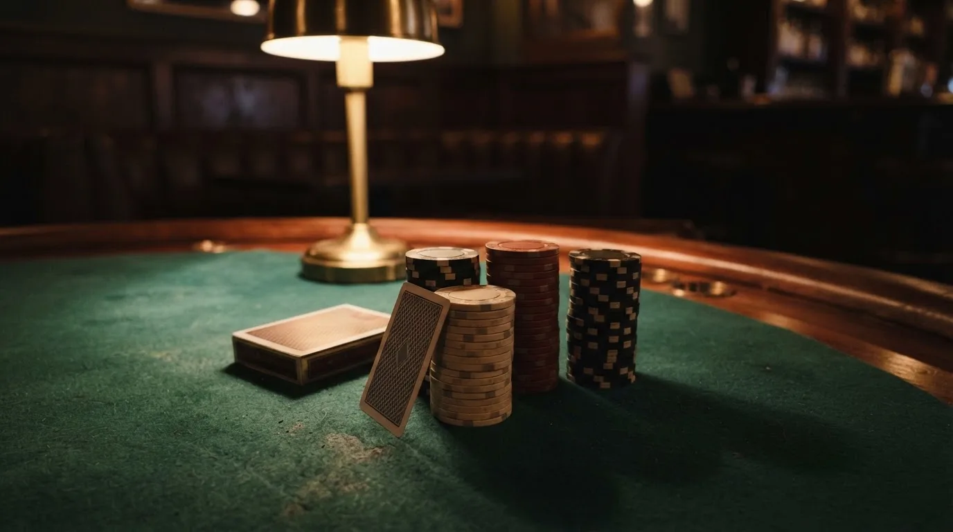 Kortlek och staplar av spelmarker på ett grönt filtbord i en dunkel salong, varmt lampsken — 10 euro casino i sverige