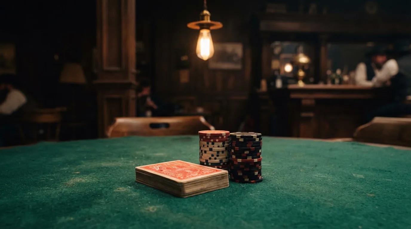 Kortlek och staplar av spelmarker på ett grönt filtbord i en dunkel salong, varmt lampsken — 10 free spins casino i sverige