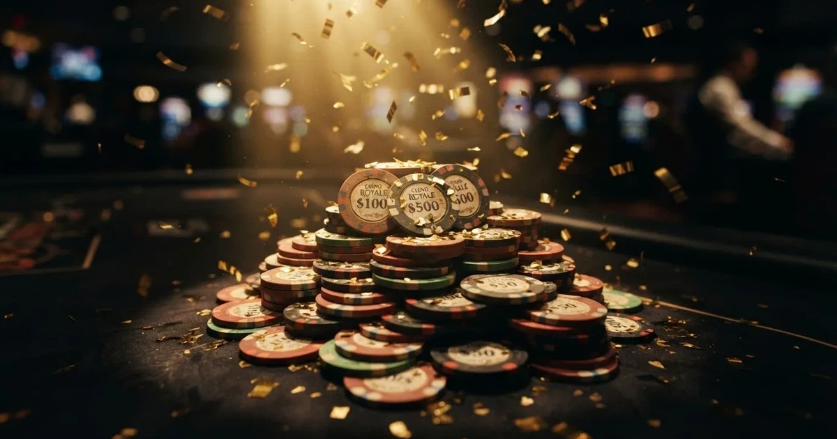 Guldkonfetti faller över spelmarker på ett svart bord, en ljuskägla träffar högens topp — 10 free spins casino i sverige