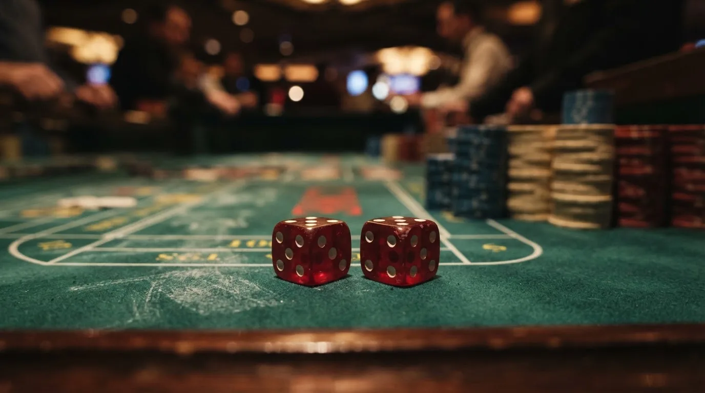 Röda tärningar vilar på grönt filt, bakom dem suddiga torn av spelmarker i kvällsdunklet — 10 kr casino i sverige