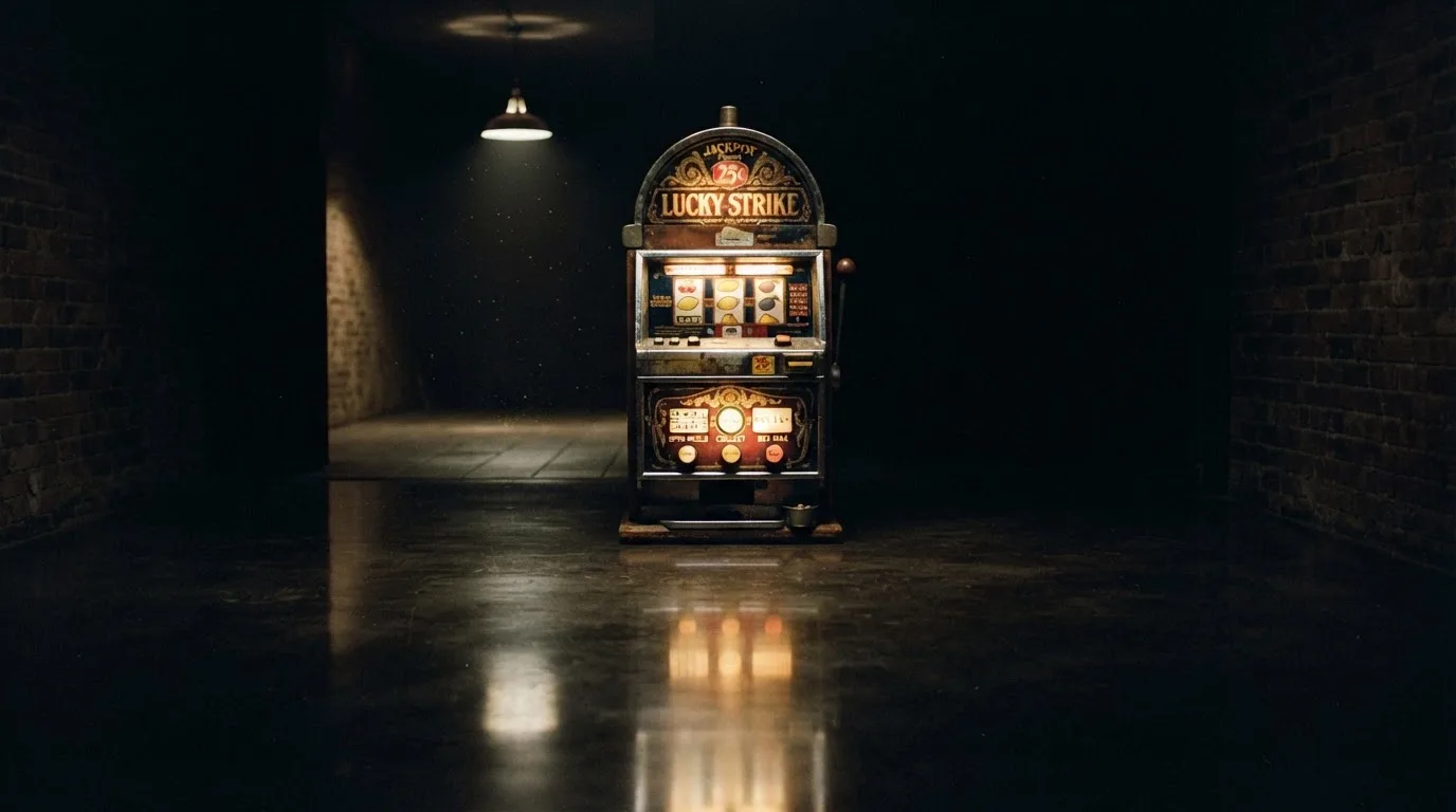 En gammal spelautomat lyser i den dunkla hallen och speglar sig i golvet — 100 free spins casino i sverige