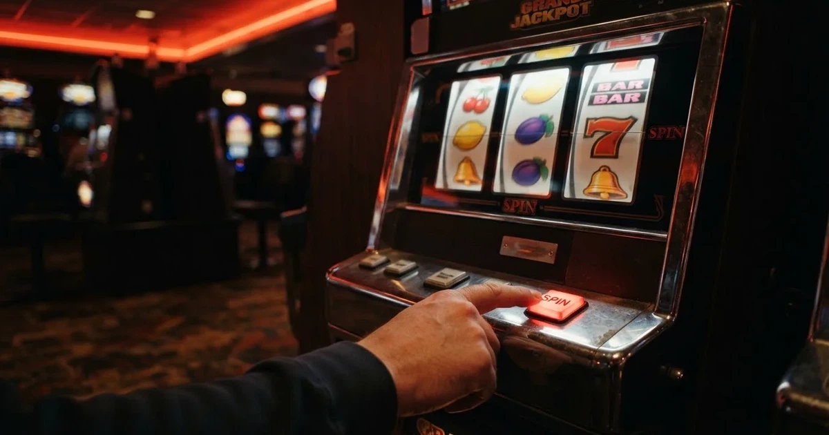 Ett finger trycker på spelautomatens klarröda knapp i dunklet, neonljus lyser runt omkring — 100 free spins casino i sverige