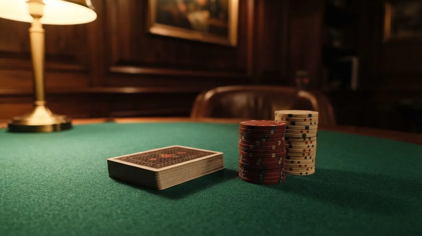 Kortlek och staplar av spelmarker på ett grönt filtbord i en dunkel salong, varmt lampsken — 150 free spins casino i sverige