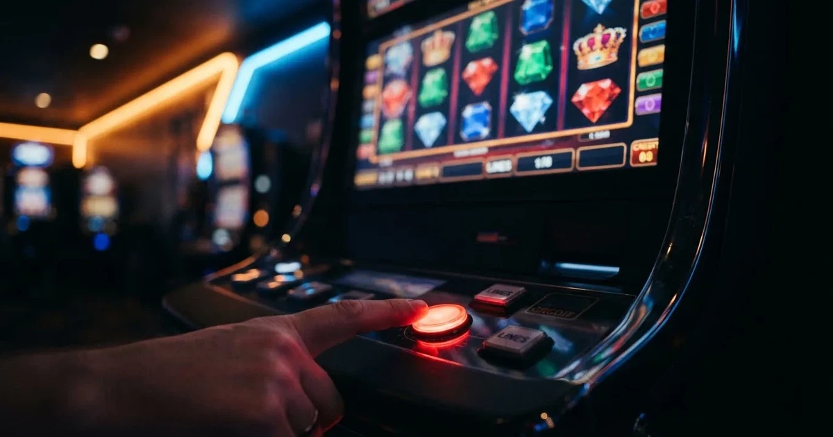 Ett finger trycker på spelautomatens klarröda knapp i dunklet, neonljus lyser runt omkring — 150 free spins casino i sverige