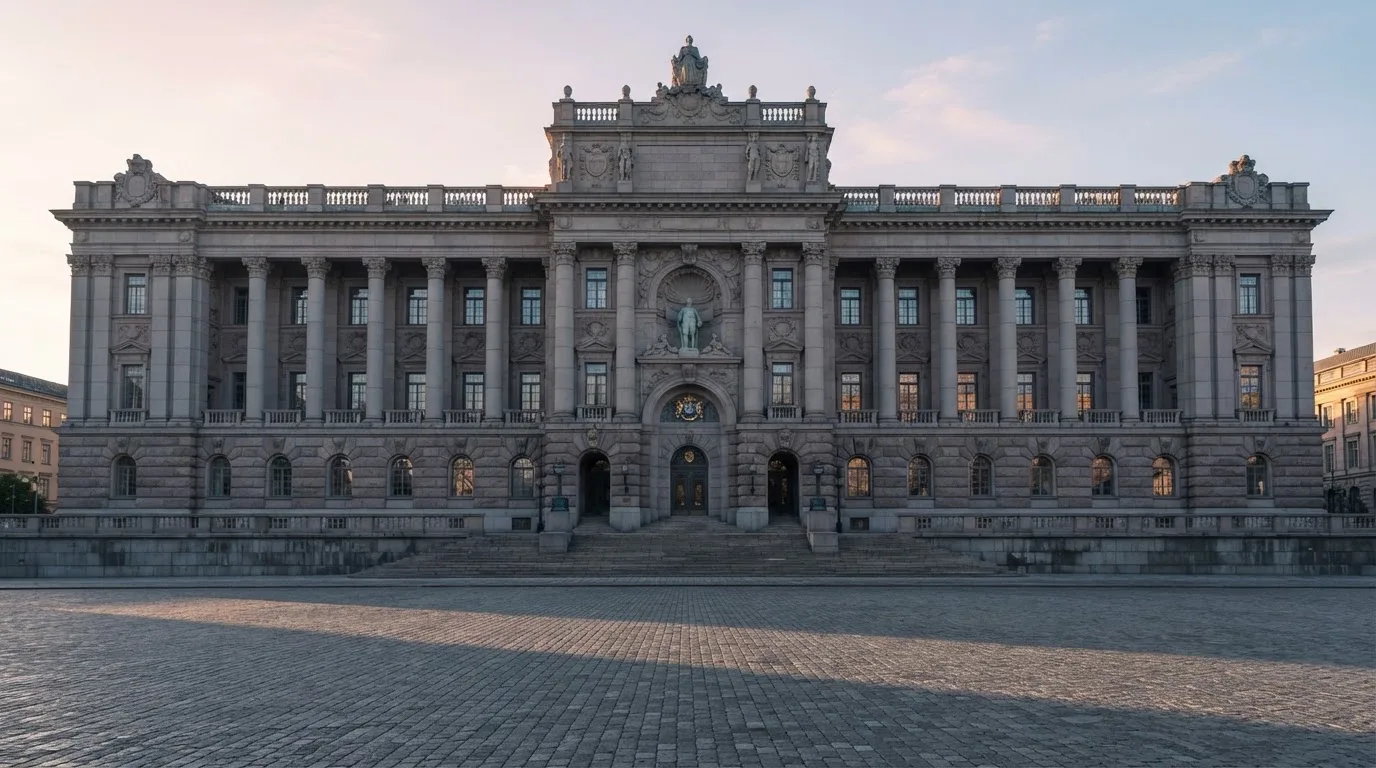 Stenfasad på en statlig byggnad i Stockholm vid gryning, höga pelare och ett tomt torg framför — 150 free spins casino i sverige