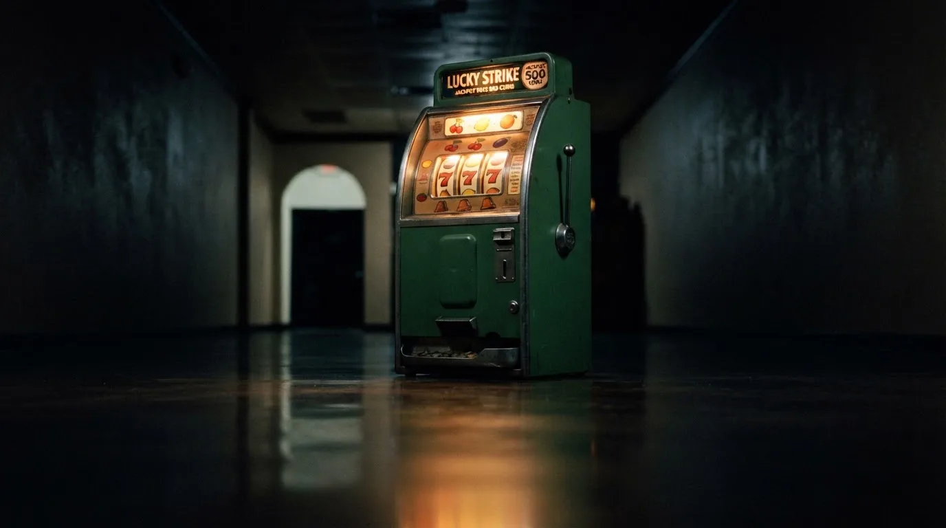 En gammal spelautomat lyser i den dunkla hallen och speglar sig i golvet — 150 kr casino i sverige