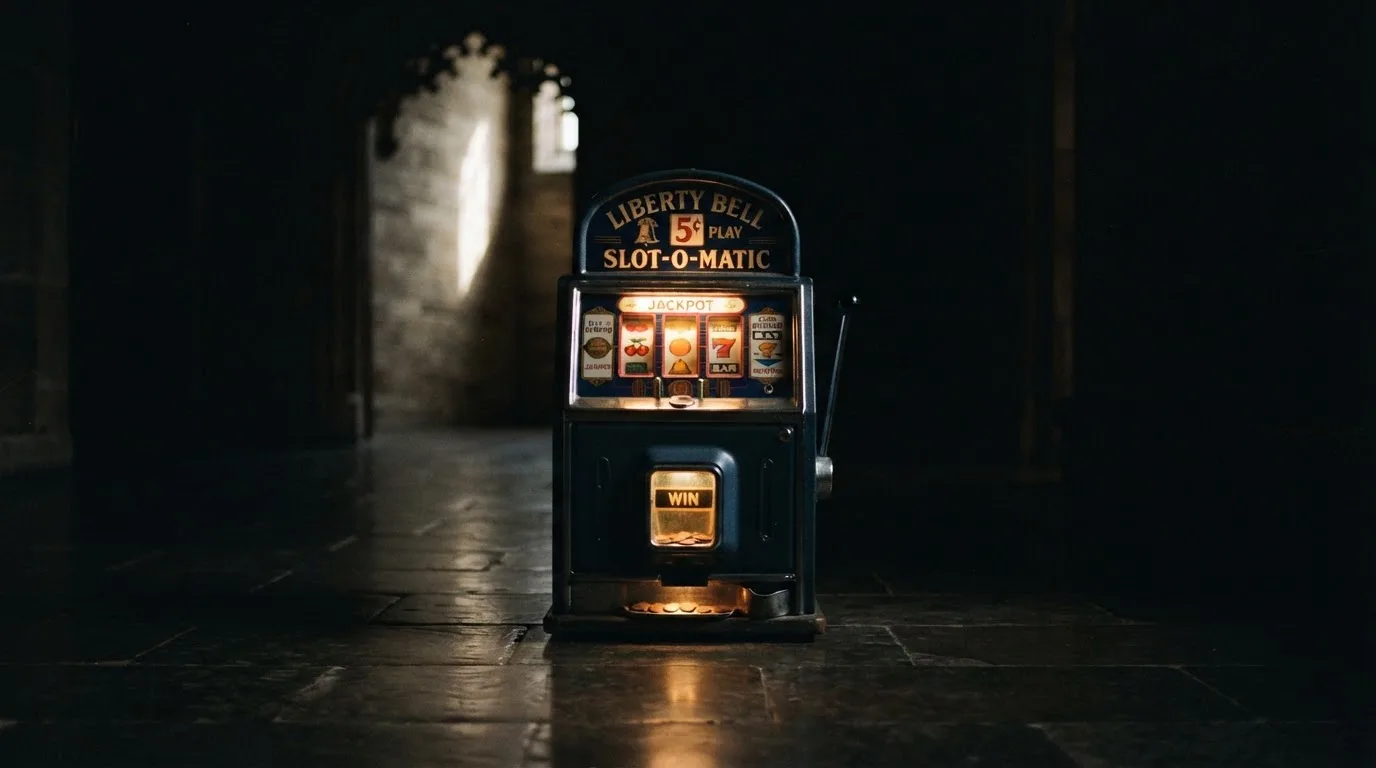 En gammal spelautomat lyser i den dunkla hallen och speglar sig i golvet — 20 euro casino i sverige
