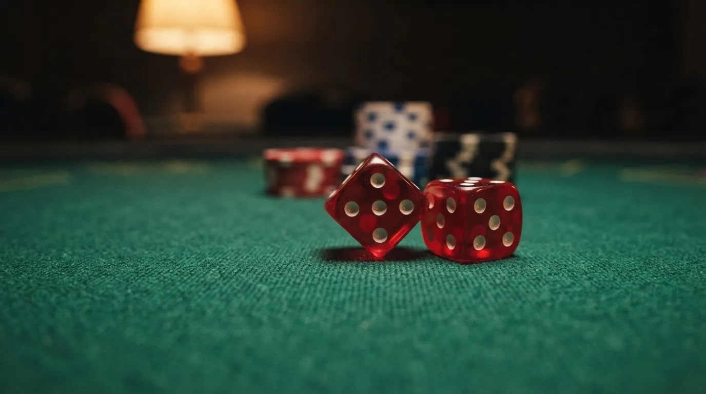Röda tärningar vilar på grönt filt, bakom dem suddiga torn av spelmarker i kvällsdunklet — 20 free spins casino i sverige