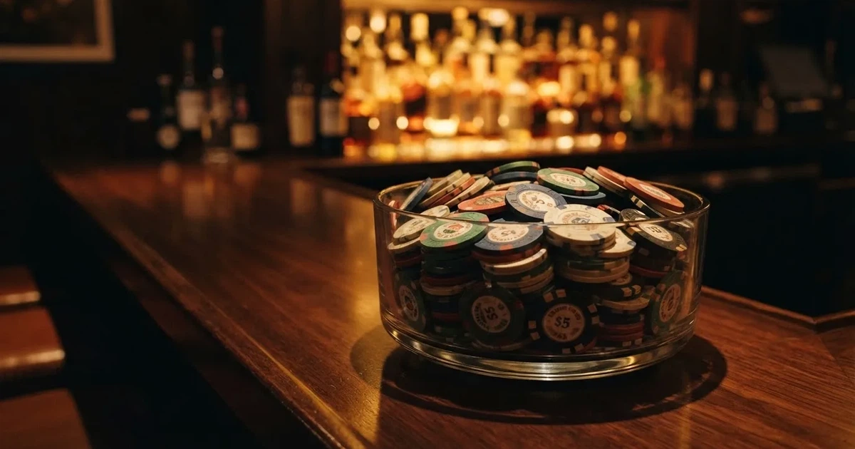 En glasskål full av färgglada spelmarker på en bardisk, flaskor glöder bakom i bärnstensfärg — 20 free spins casino i sverige