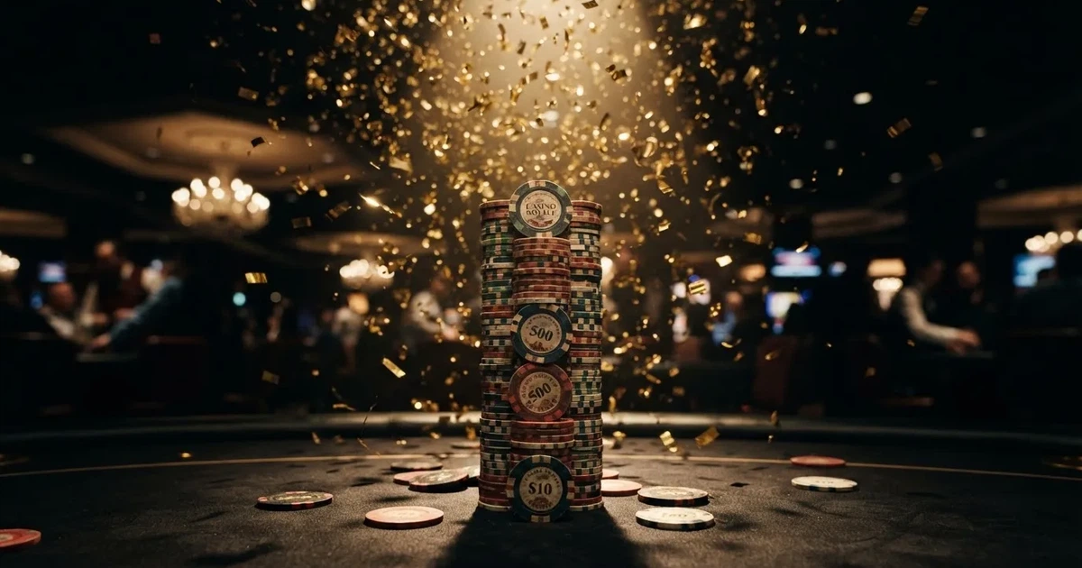 Guldkonfetti faller över spelmarker på ett svart bord, en ljuskägla träffar högens topp — 200 free spins casino i sverige
