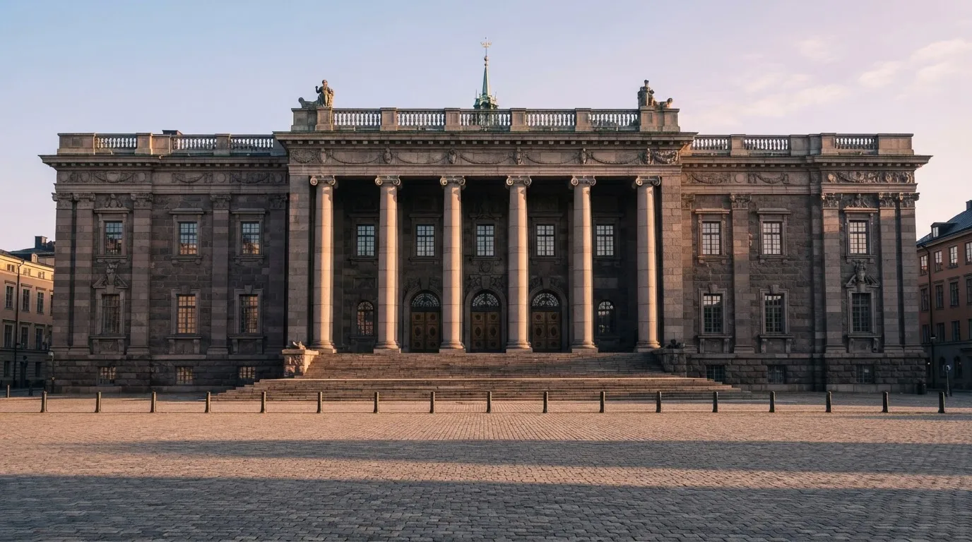 Stenfasad på en statlig byggnad i Stockholm vid gryning, höga pelare och ett tomt torg framför — 200 kr casino i sverige