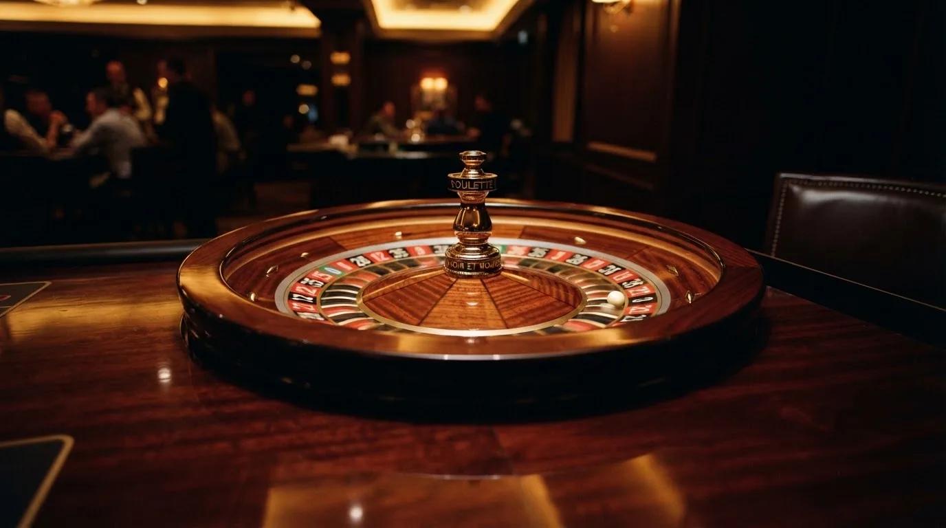 Ett roulettehjul snurrar på ett blankt träbord, den vita kulan glimmar i takljusets guld — 30 free spins casino i sverige