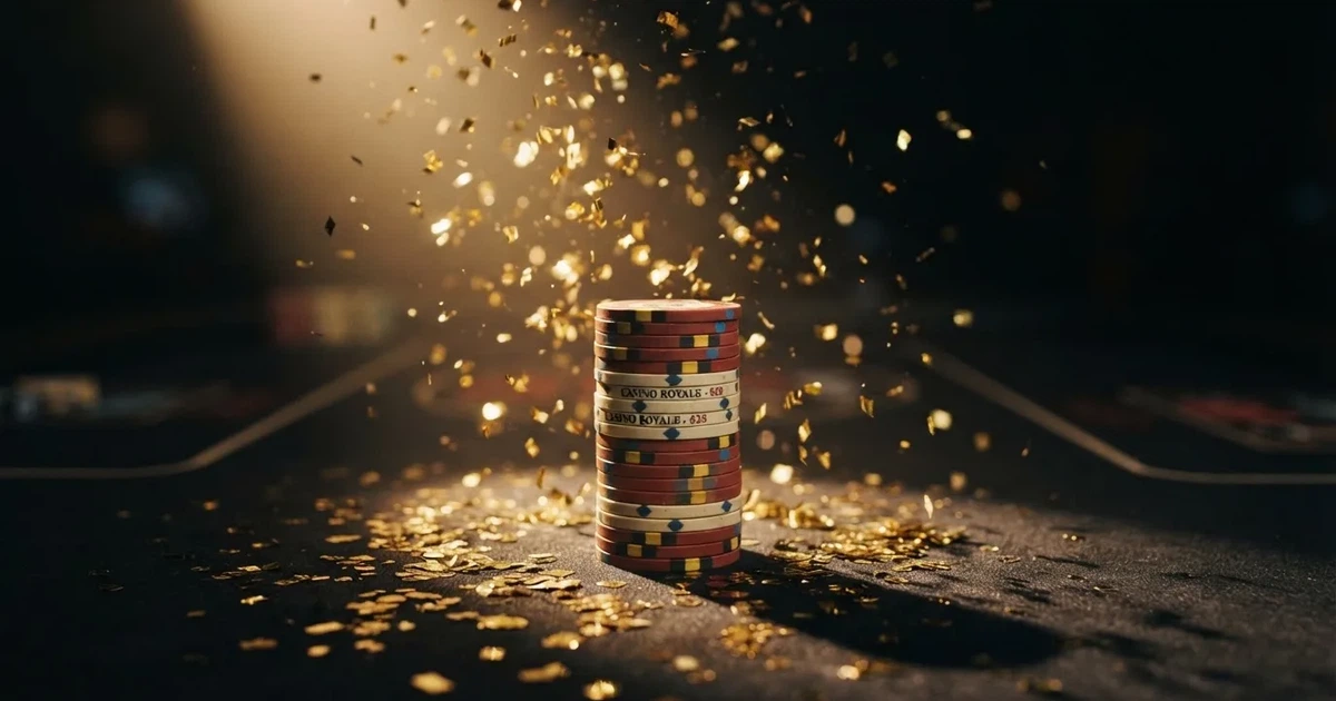 Guldkonfetti faller över spelmarker på ett svart bord, en ljuskägla träffar högens topp — 30 free spins casino i sverige