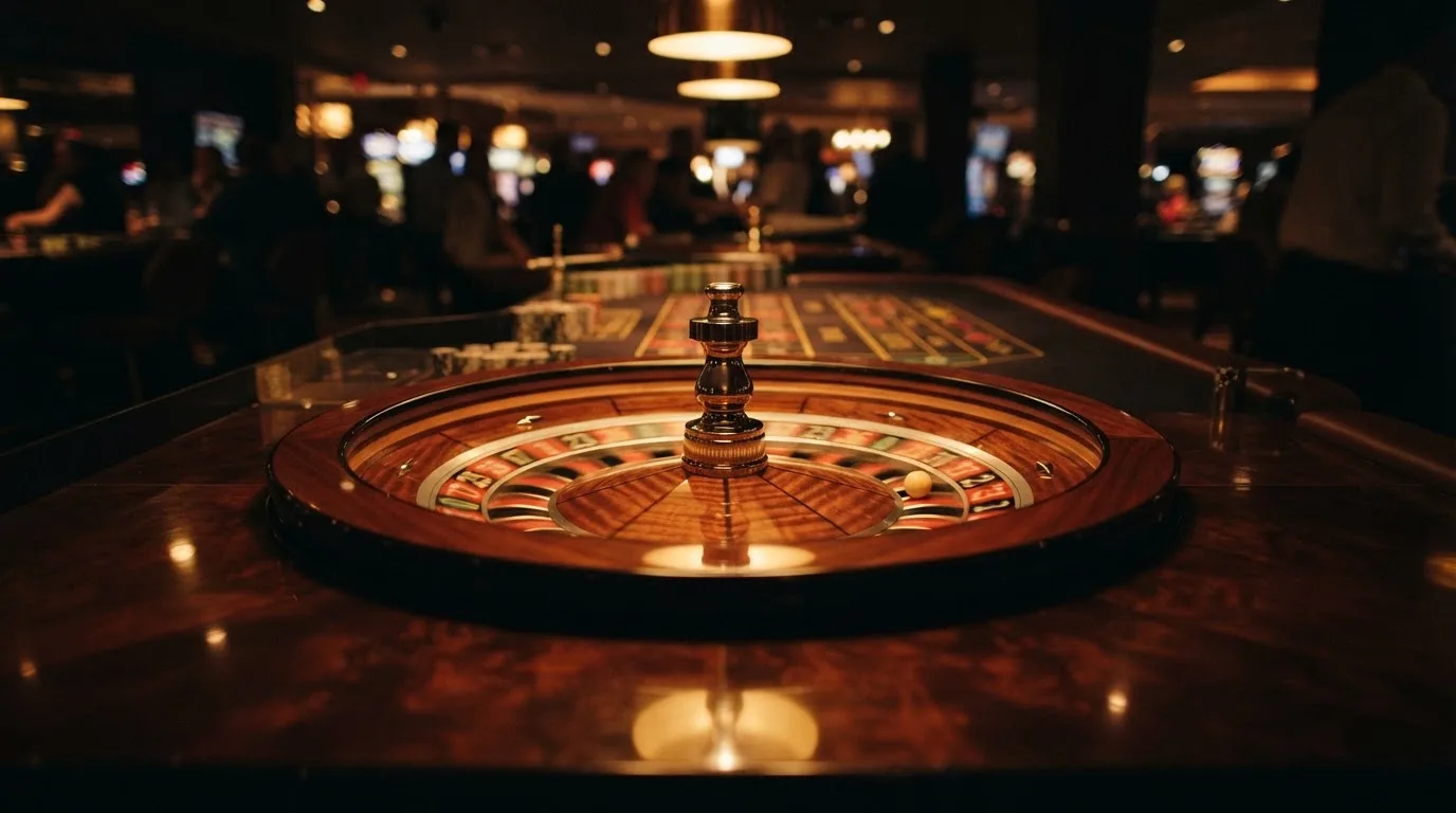 Ett roulettehjul snurrar på ett blankt träbord, den vita kulan glimmar i takljusets guld — 40 free spins casino i sverige