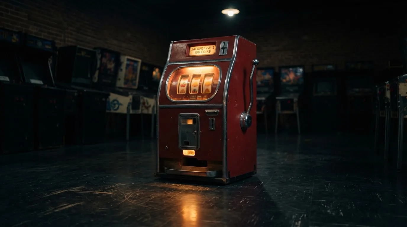 En gammal spelautomat lyser i den dunkla hallen och speglar sig i golvet — 5 euro casino i sverige