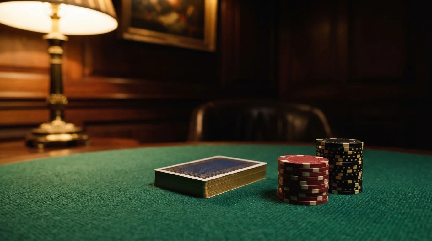 Kortlek och staplar av spelmarker på ett grönt filtbord i en dunkel salong, varmt lampsken — 50 euro casino i sverige