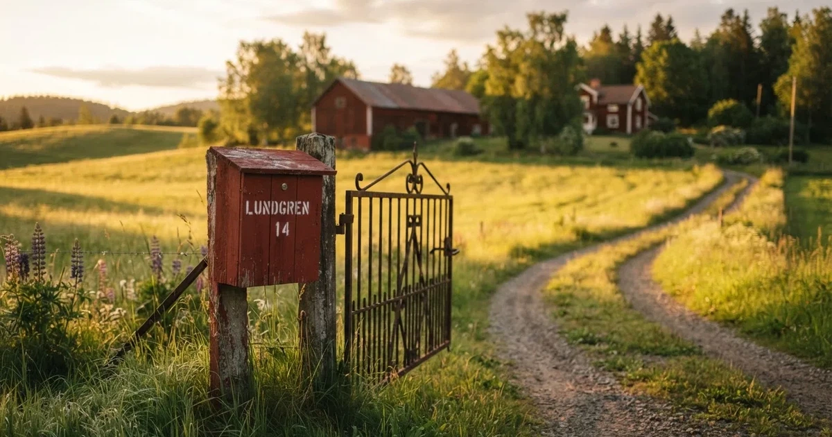 En röd brevlåda vid grinden till en lantgård en sommarkväll, daggigt gräs och långa skuggor — 50 kr casino i sverige