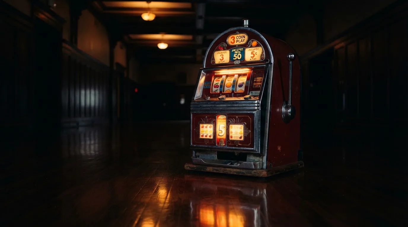 En gammal spelautomat lyser i den dunkla hallen och speglar sig i golvet — bästa kasino i sverige
