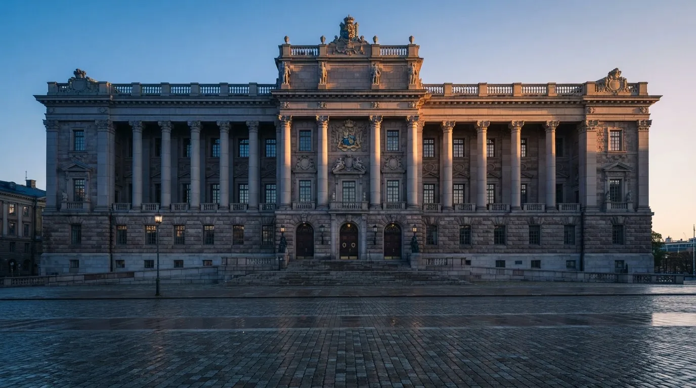 Stenfasad på en statlig byggnad i Stockholm vid gryning, höga pelare och ett tomt torg framför — bästa kasino i sverige