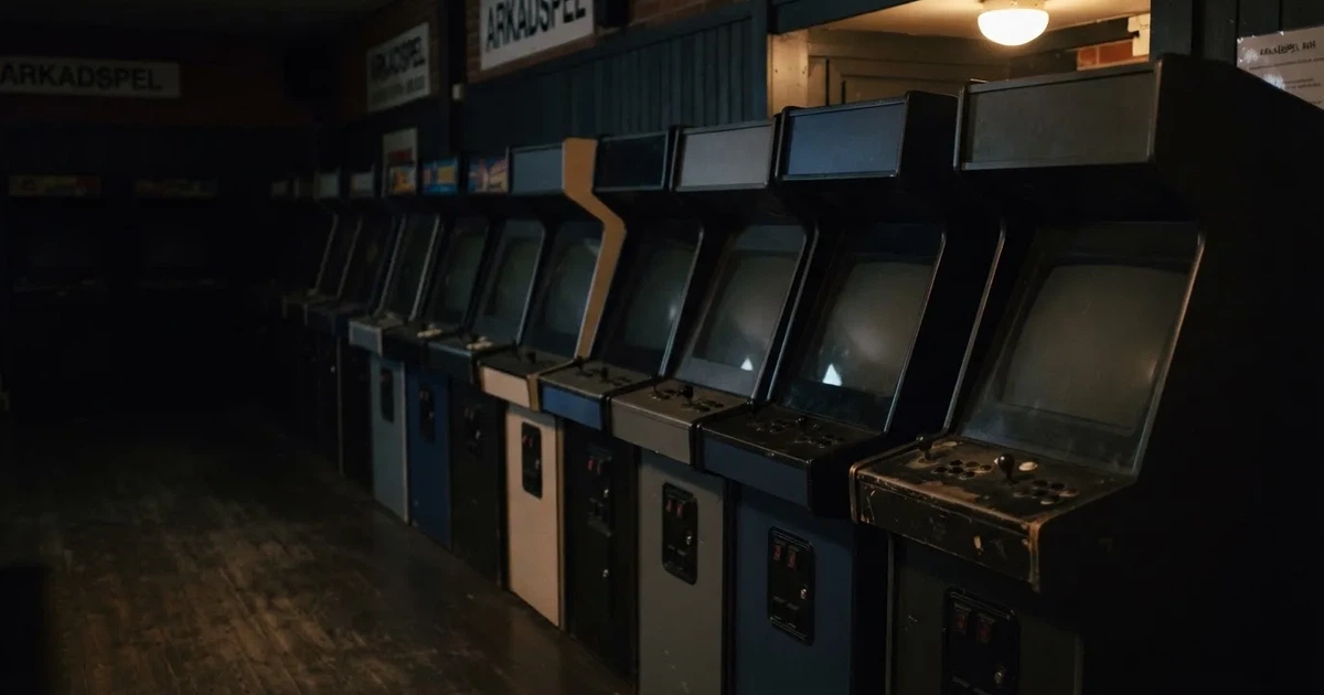 Rader av tomma spelautomater med släckta skärmar står uppställda i ett dimmat rum, fotograferat snett från sidan.