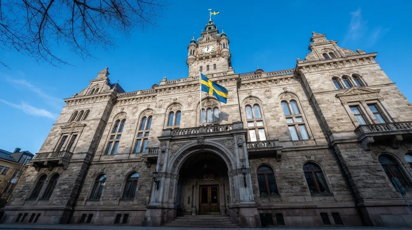 Ett gammalt stadshus i sten fotograferat underifrån mot en klarblå himmel, med den svenska flaggan som fladdrar ovanför entrén.