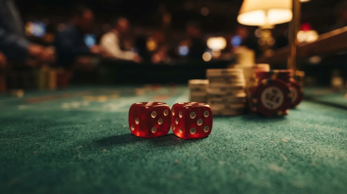 Röda tärningar vilar på grönt filt, bakom dem suddiga torn av spelmarker i kvällsdunklet — betala på casino i sverige