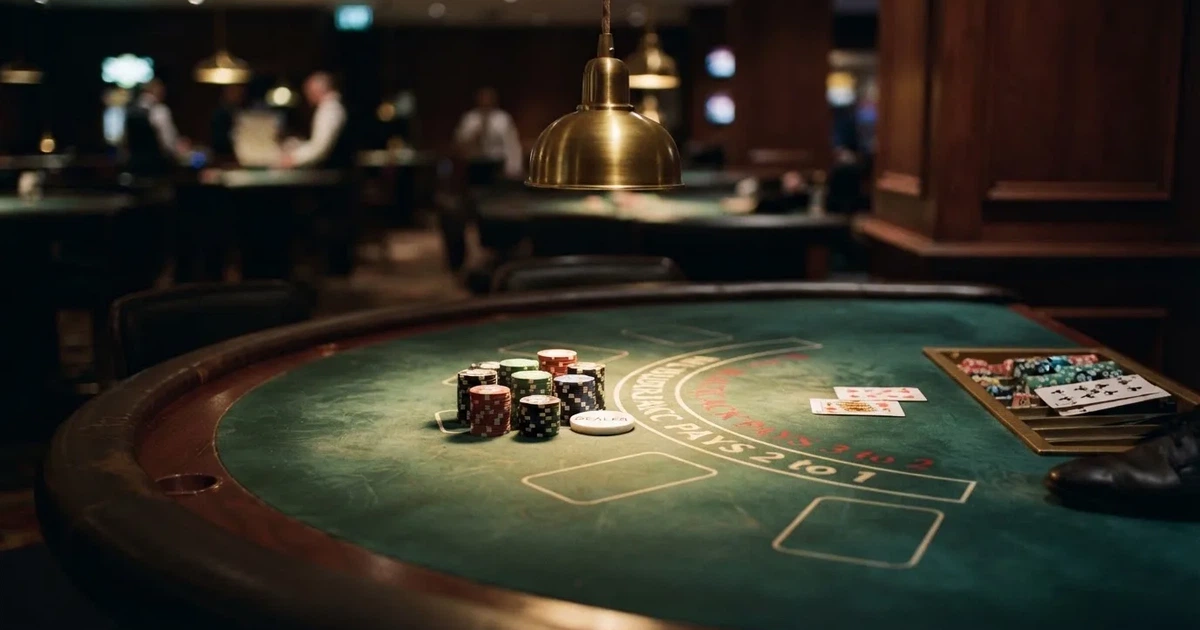 Ett ovalt pokerbord under en lågt hängande lampa, med spelmarker och en vit bricka i ljuset — blackjack med live dealer i sverige