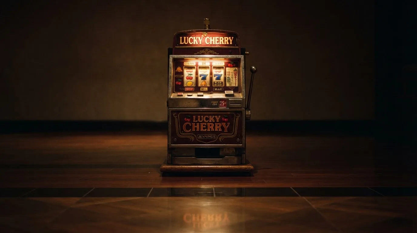 En gammal spelautomat lyser i den dunkla hallen och speglar sig i golvet — blackjack på nätet i sverige
