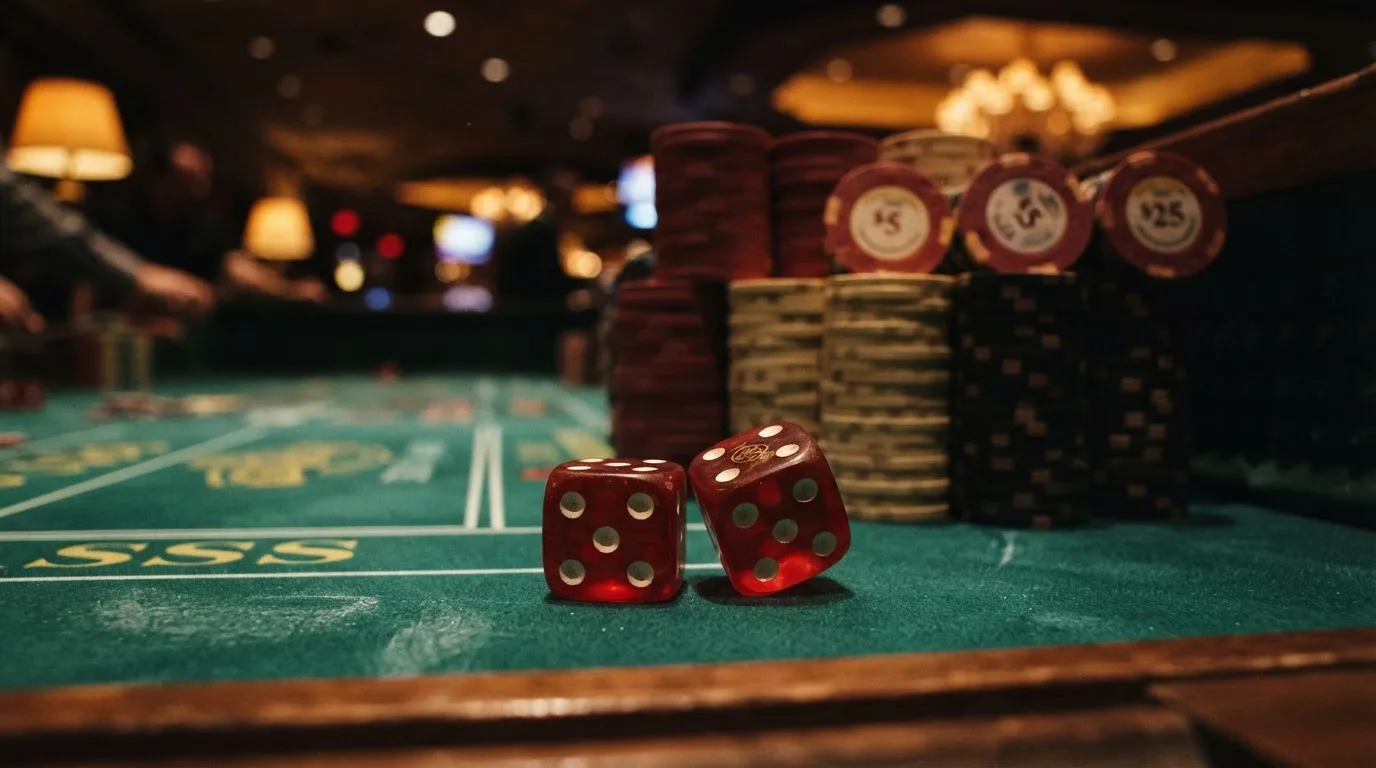 Röda tärningar vilar på grönt filt, bakom dem suddiga torn av spelmarker i kvällsdunklet — bra svenska casinon