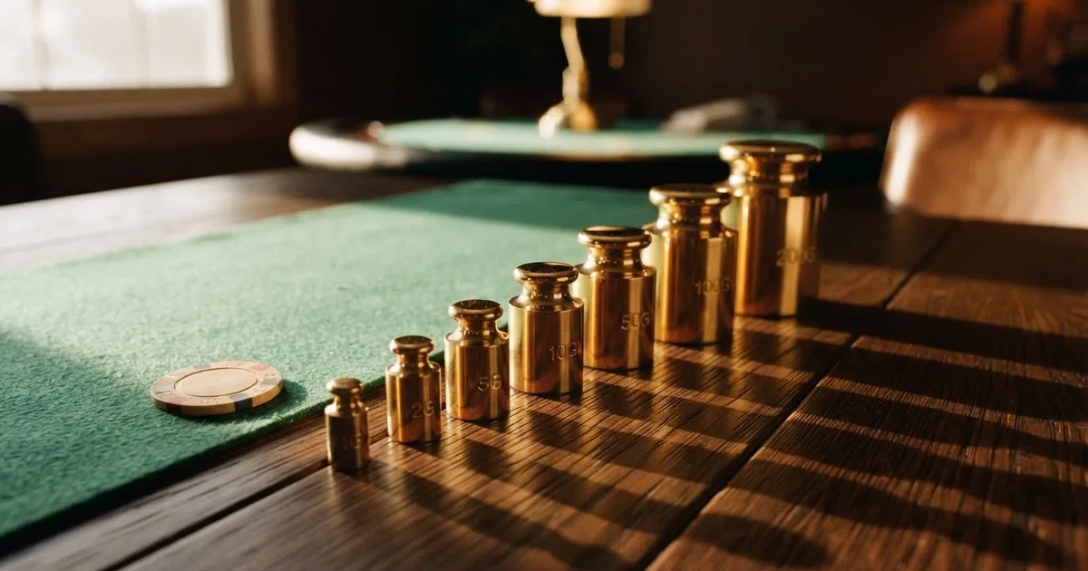 Blanka mässingsvikter i storleksordning på ett träbord, sidoljuset kastar långa skuggor — bra svenska casinon