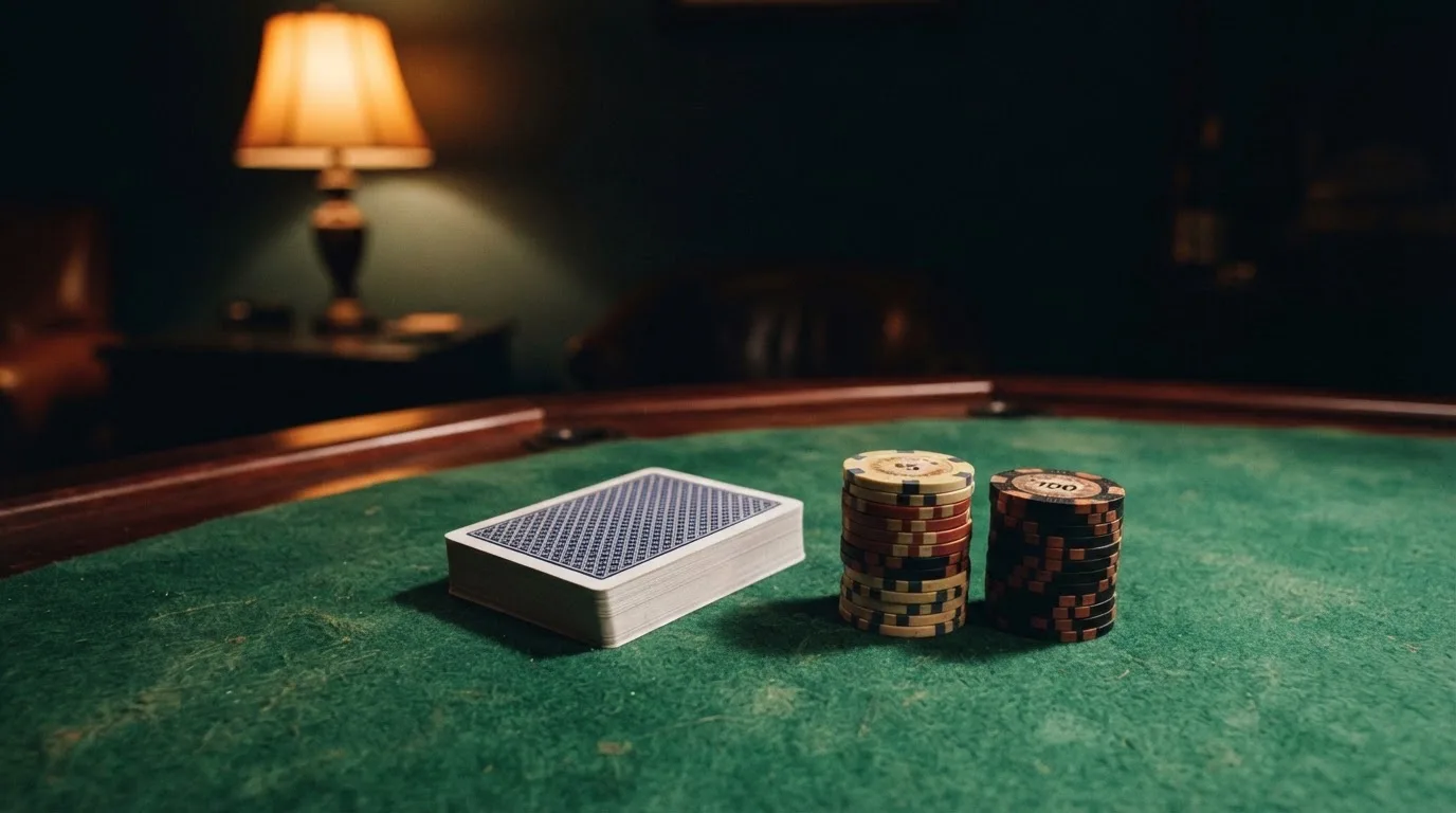 Kortlek och staplar av spelmarker på ett grönt filtbord i en dunkel salong, varmt lampsken — cashback på casino i sverige