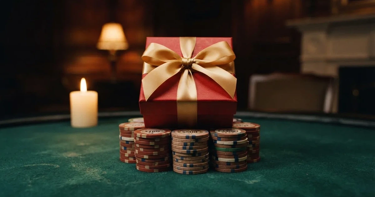 En röd presentask med guldband ovanpå en hög spelmarker på grönt filt, ljuslågan speglas i bandet — cashback på casino i sverige