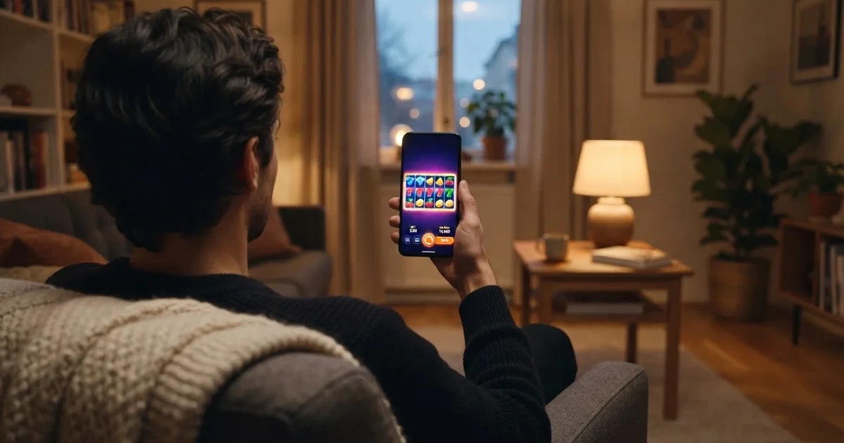 En hand håller en smartphone med skärmen vänd nedåt medan personen sitter i en fåtölj i mjukt kvällsljus.