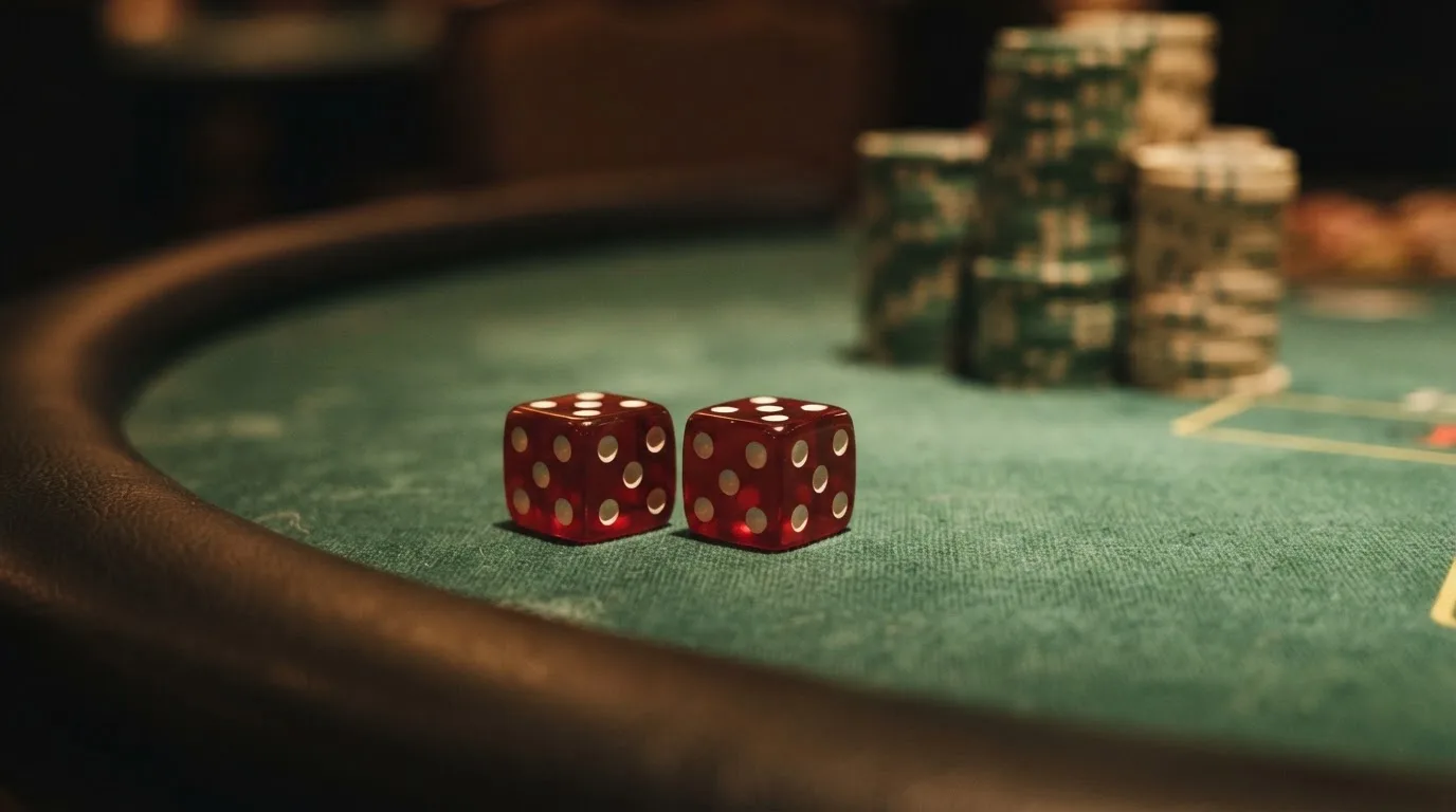 Röda tärningar vilar på grönt filt, bakom dem suddiga torn av spelmarker i kvällsdunklet — casino erbjudanden i sverige