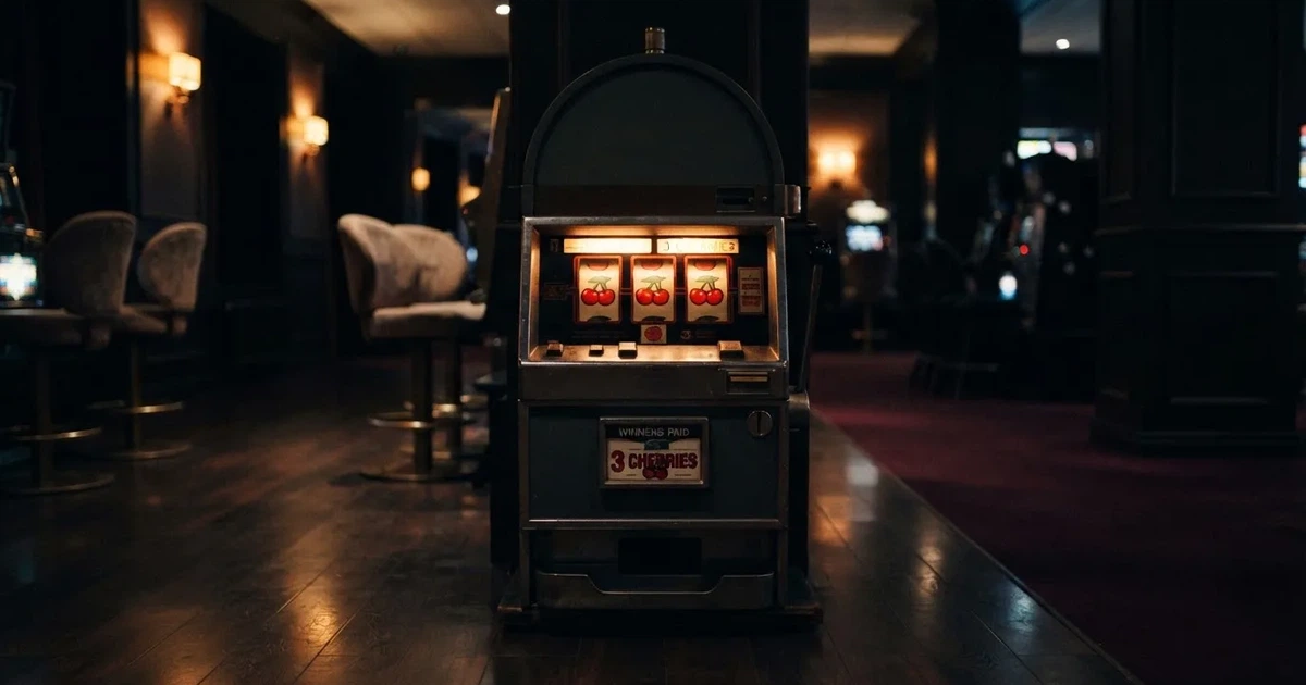Rullarna på en spelautomat stannar i rad, klarröda körsbär lyser i den mörka spelhallen — casino erbjudanden i sverige