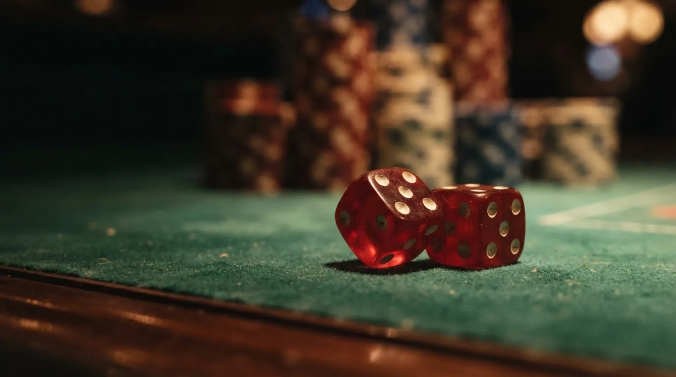 Röda tärningar vilar på grönt filt, bakom dem suddiga torn av spelmarker i kvällsdunklet — casino guider för svenskar