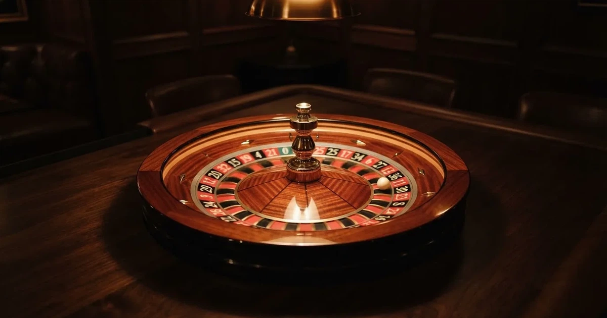 Ett roulettehjul snurrar på ett blankt träbord, den vita kulan glimmar i takljusets guld — casinon för riktiga pengar