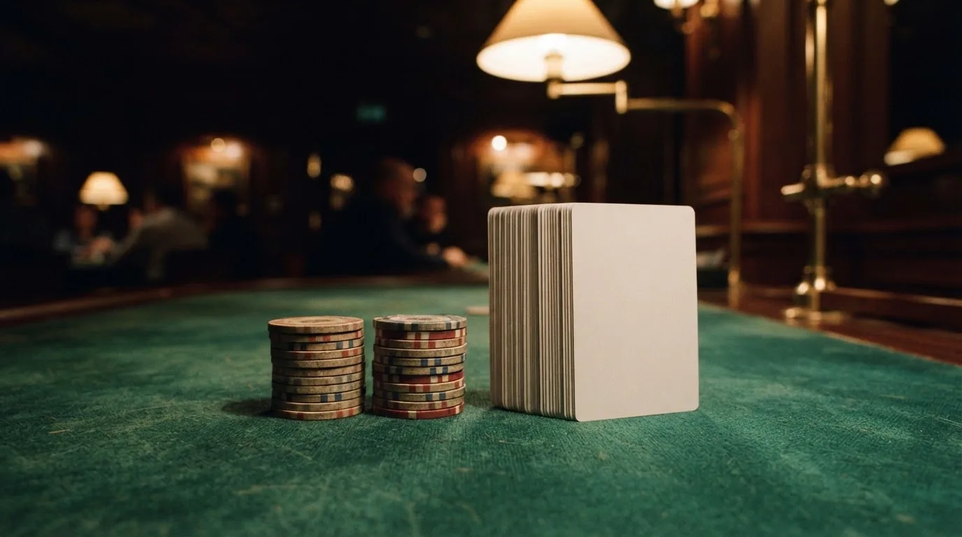Kortlek och staplar av spelmarker på ett grönt filtbord i en dunkel salong, varmt lampsken — casinon med baccarat i sverige