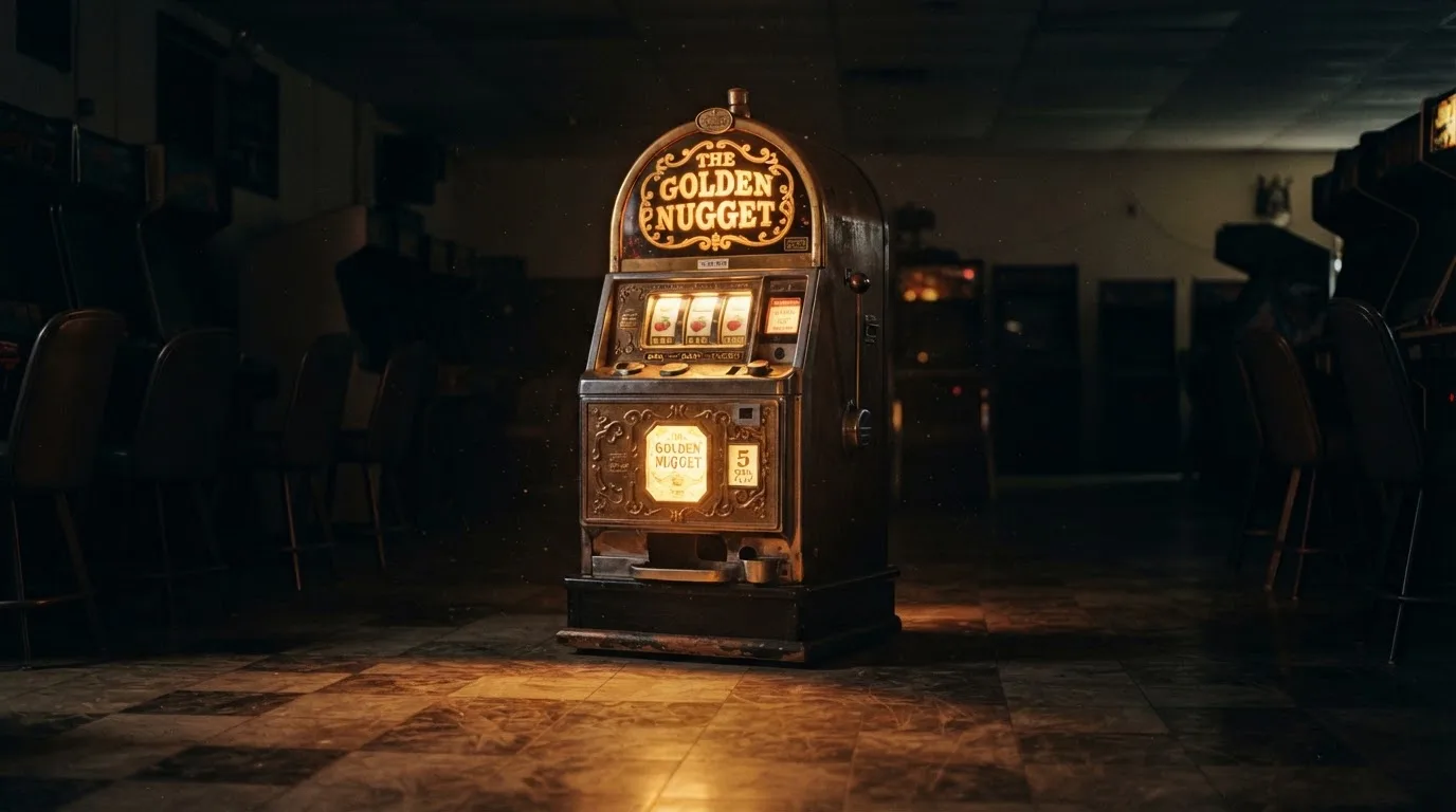 En gammal spelautomat lyser i den dunkla hallen och speglar sig i golvet — casinon med bankid i sverige