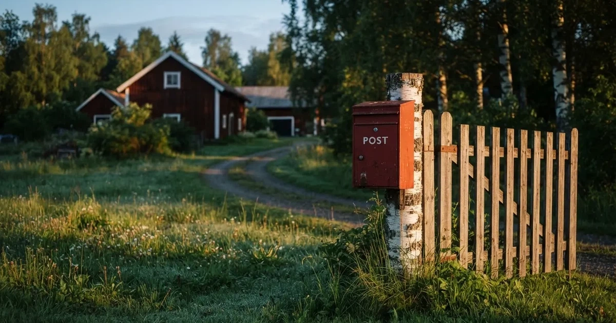 En röd brevlåda vid grinden till en lantgård en sommarkväll, daggigt gräs och långa skuggor — casinon med bankid i sverige