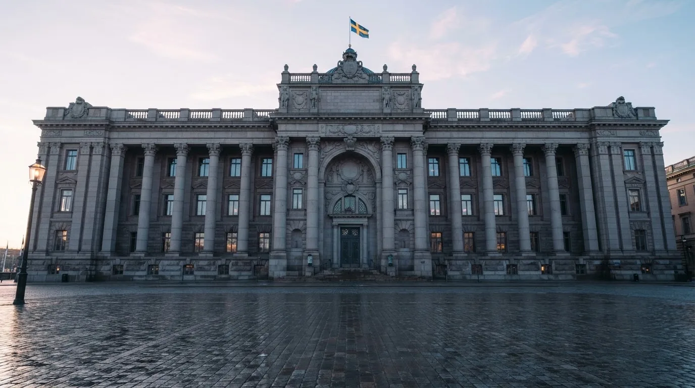 Stenfasad på en statlig byggnad i Stockholm vid gryning, höga pelare och ett tomt torg framför — casinon med bankid i sverige