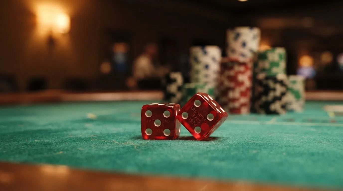 Röda tärningar vilar på grönt filt, bakom dem suddiga torn av spelmarker i kvällsdunklet — casinon med bingo i sverige