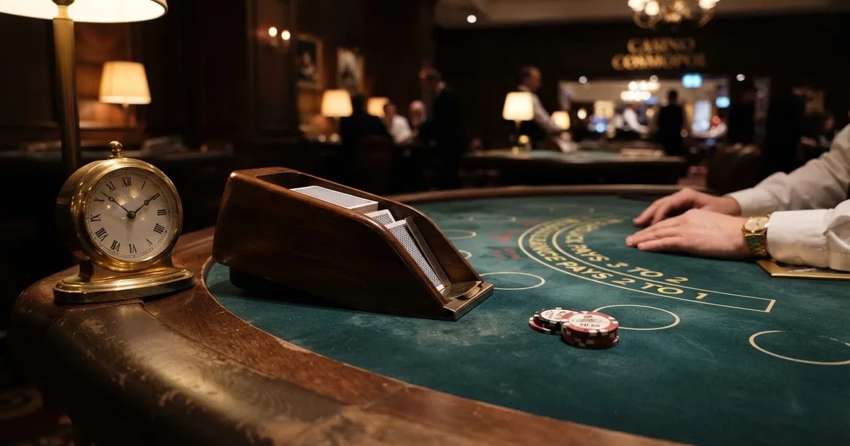Grönt filt och en lång kortlåda av trä vid bordskanten, bredvid en blank mässingsklocka — casinon med blackjack i sverige
