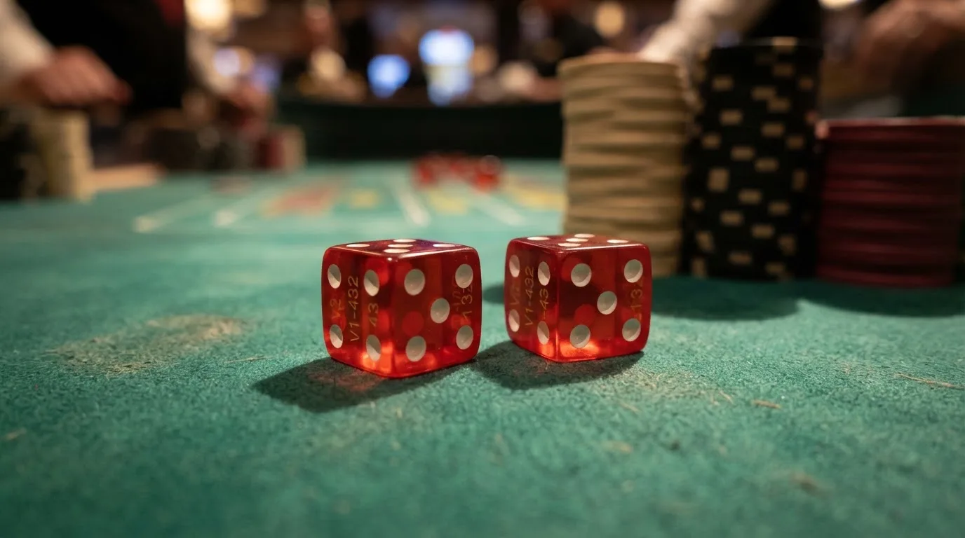 Röda tärningar vilar på grönt filt, bakom dem suddiga torn av spelmarker i kvällsdunklet — casinon med craps i sverige