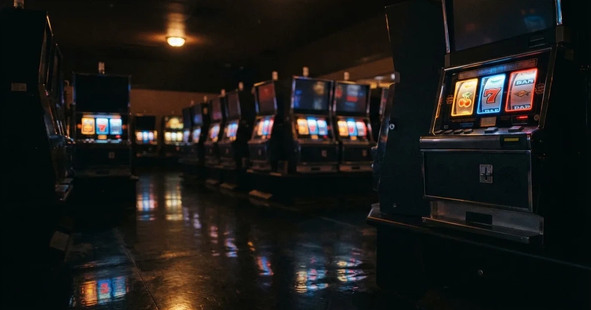 En rad spelskåp i en dunkel hall, rullarna lyser i olika färger och golvet speglar dem — casinon med craps i sverige