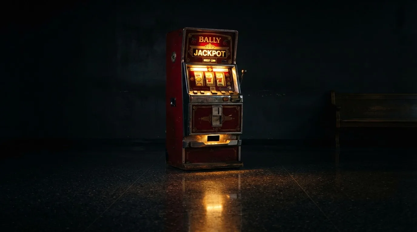 En gammal spelautomat lyser i den dunkla hallen och speglar sig i golvet — casinon med curaçao licens