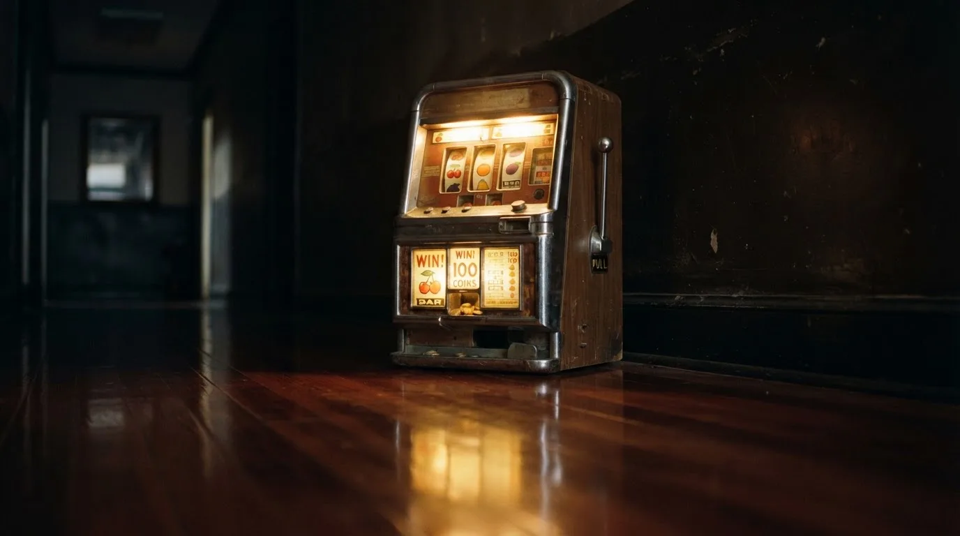 En gammal spelautomat lyser i den dunkla hallen och speglar sig i golvet — casinon med gratis spins i sverige