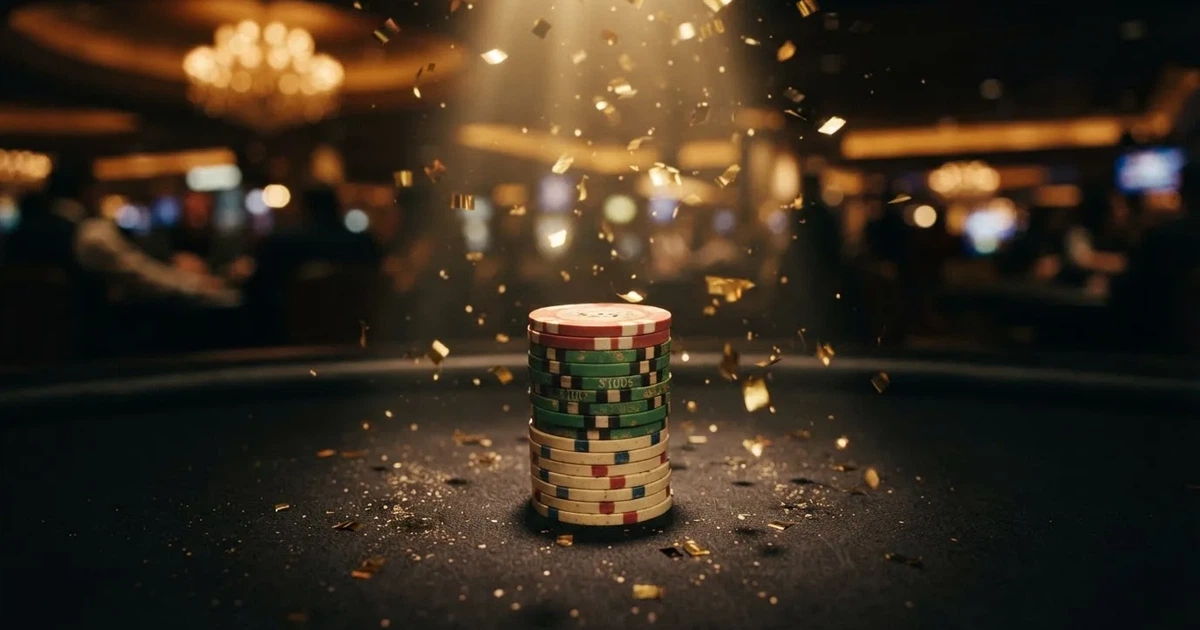 Guldkonfetti faller över spelmarker på ett svart bord, en ljuskägla träffar högens topp — casinon med gratis spins i sverige
