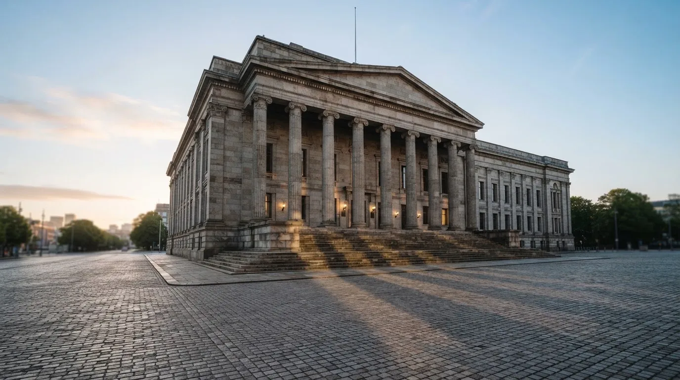 Stenfasad på en statlig byggnad i Stockholm vid gryning, höga pelare och ett tomt torg framför — casinon med gratissnurr