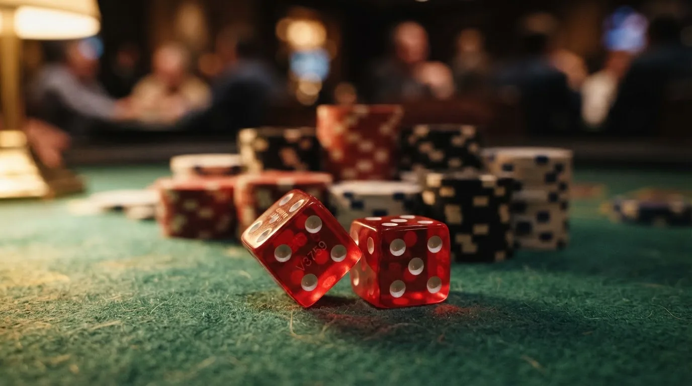 Röda tärningar vilar på grönt filt, bakom dem suddiga torn av spelmarker i kvällsdunklet — casinon med jackpot i sverige